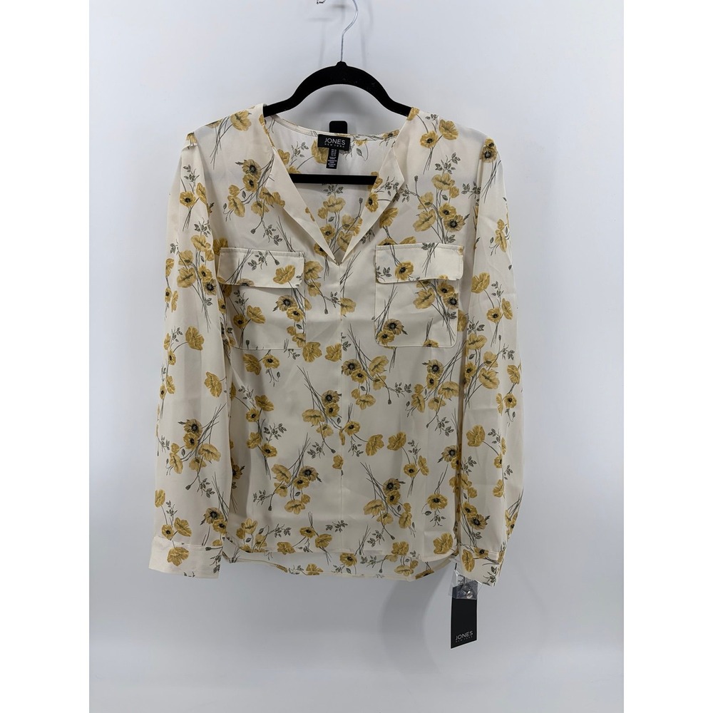 Jones New York, White Sand Floral Print Long-Sleeve Shirt, Women's Size M, NWT
